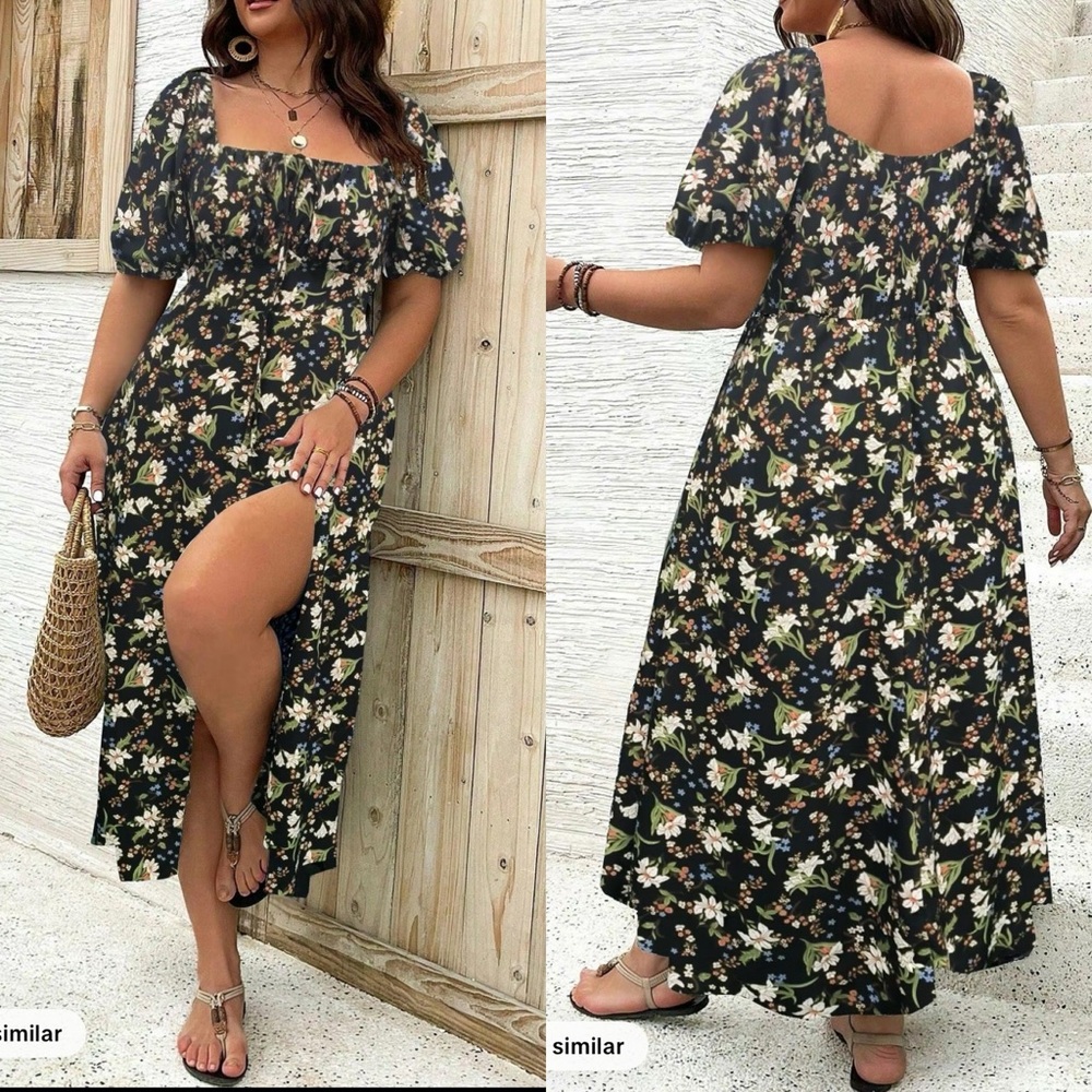 ⬇️Floral Black Maxi Dress With Balloon Sleeves